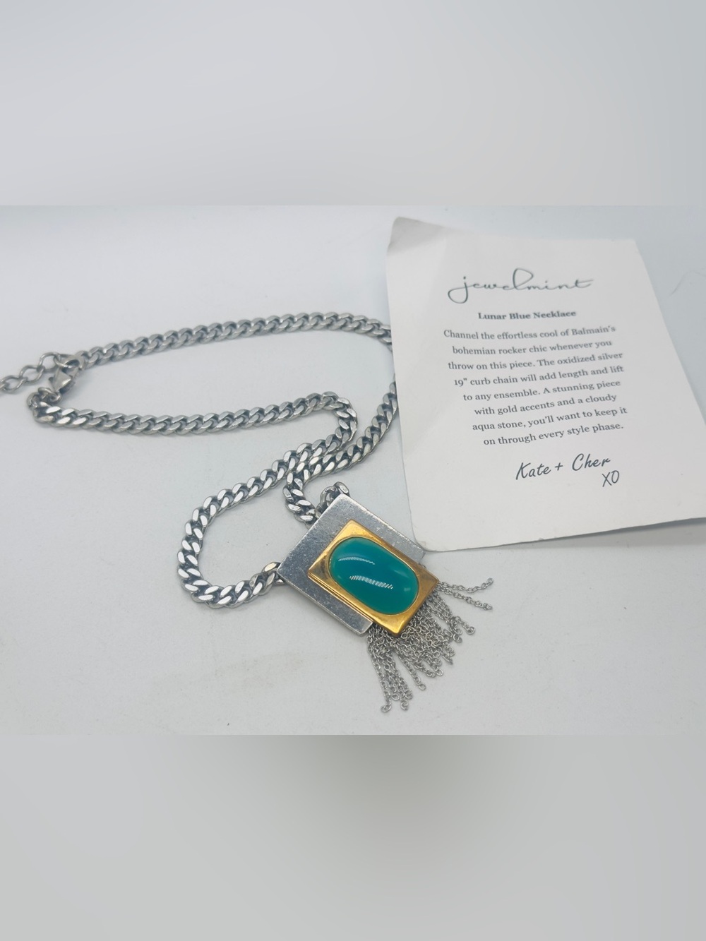 Jewelmint Lunar Blue Necklace Silver Tone Link Chain Turquoise Brass Fringe